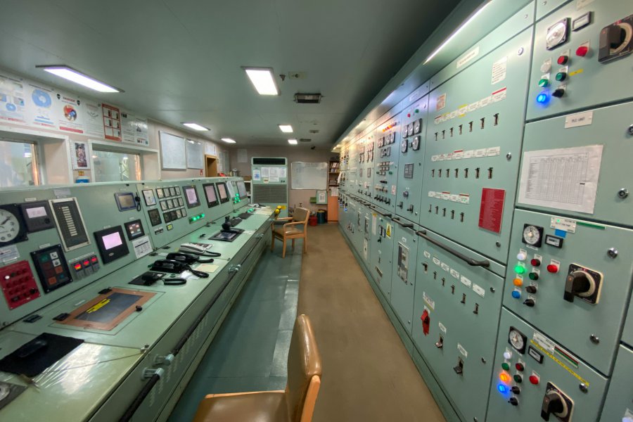Industrial control room with monitoring gauges